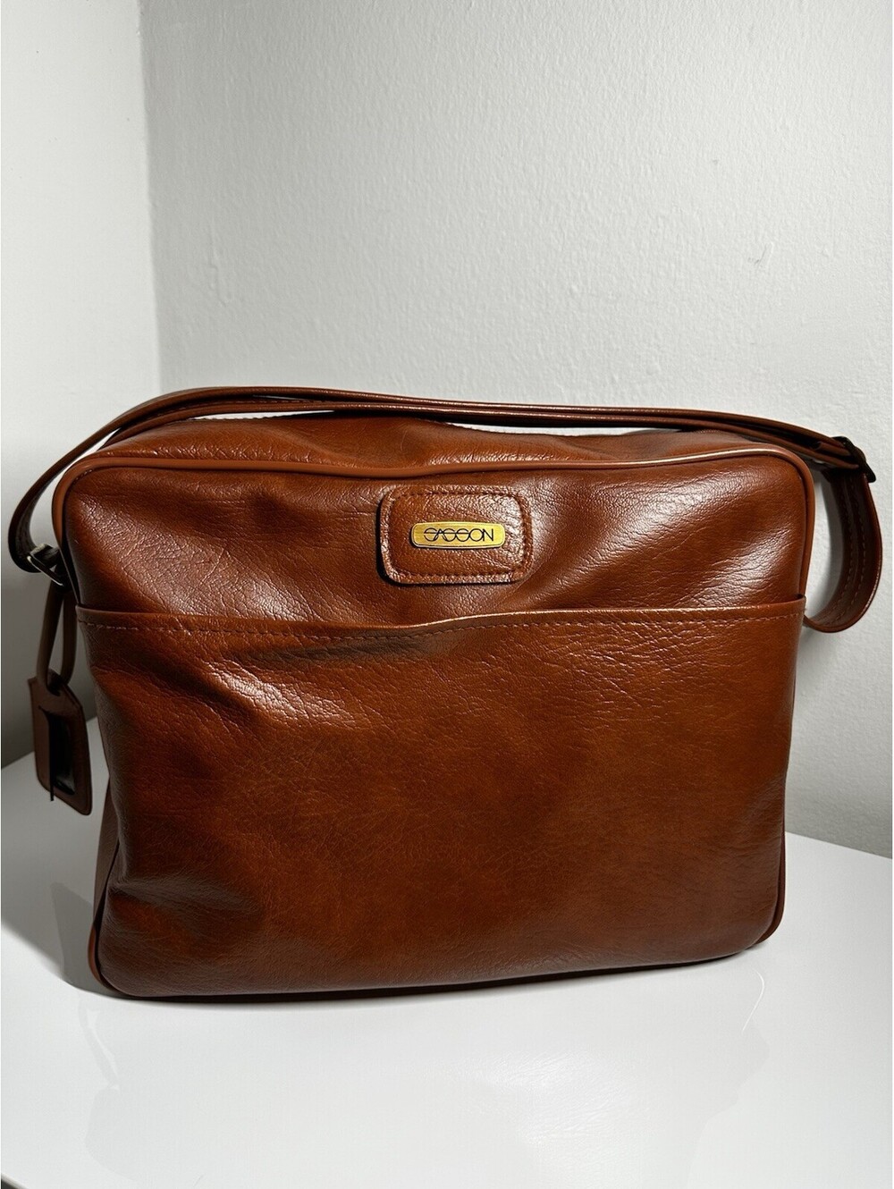 Vintage Sasson Brown Leather Shoulder Travel Bag 1980s w/ Luggage Tag